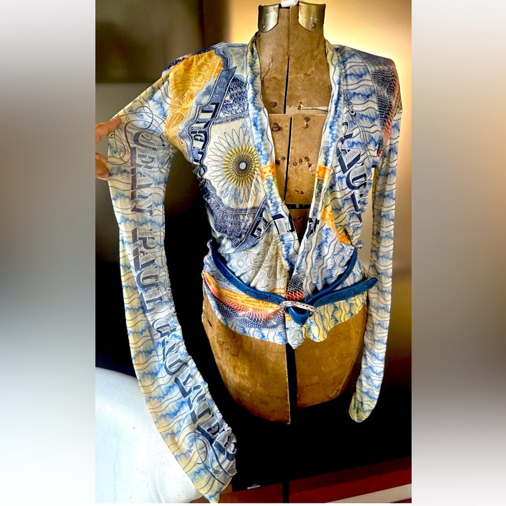 Vintage Jean Paul Gaultier name print,blue gold mesh top/jersey L(M/S)unisex